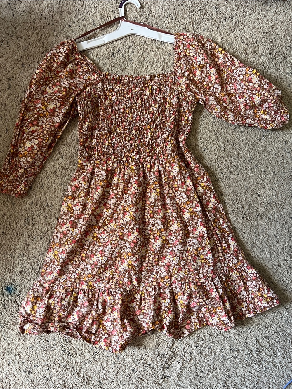 Floral Smocked Dress - Pink Brown Floral